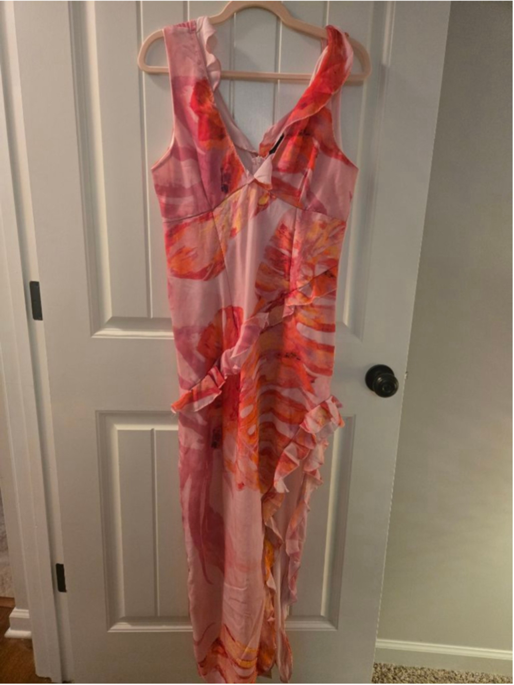 Women's PRETTYLITTLETHING Pink Orange Floral Ruffle Maxi Dress Size 10